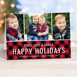 Happy Holidays Modern Red Buffalo Plaid Photo Holiday Card