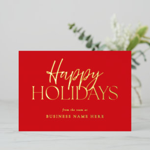 Happy Holidays Modern Red Gold Script Business Foil Holiday Card