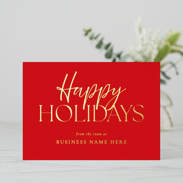 Happy Holidays Modern Red Gold Script Business Foil Holiday Card (Standing Front)