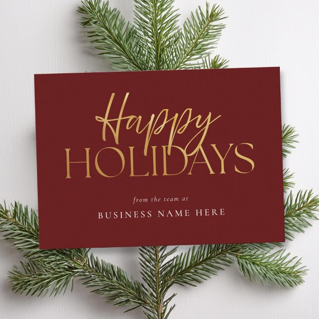 Happy Holidays Modern Red Gold Script Business Holiday Card (Creator Uploaded)