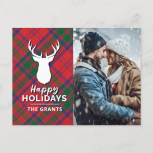 Happy Holidays Modern Red Green Plaid Tartan Photo Holiday Postcard