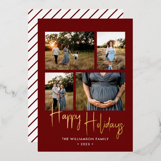 Happy Holidays Modern Red Photo Collage Gold Foil Holiday Card (Front/Back)