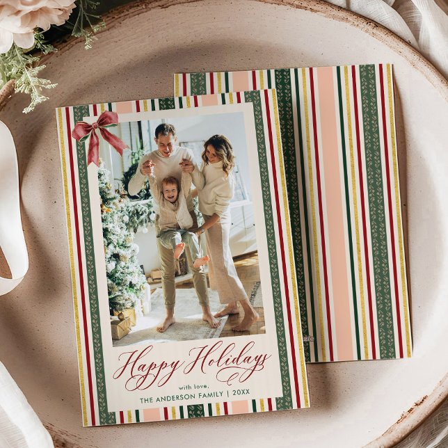 Happy Holidays Modern Retro Stripes Bow Photo Holiday Card (Creator Uploaded)