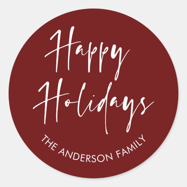 Happy Holidays Modern Script Calligraphy Family Cl Classic Round Sticker (Front)