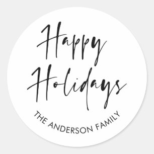 Happy Holidays Modern Script Calligraphy Family Classic Round Sticker