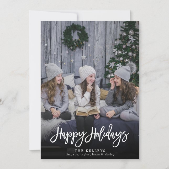 Happy Holidays Modern Script, Vertical Full Photo Holiday Card (Front)
