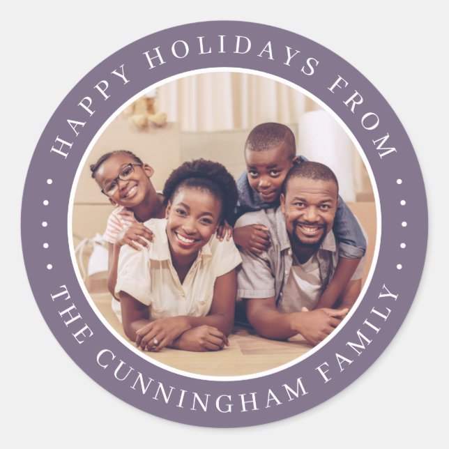 Happy Holidays Modern Simple Chic Family Photo Classic Round Sticker (Front)