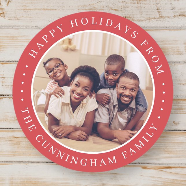 Happy Holidays Modern Simple Chic Family Photo Classic Round Sticker (Creator Uploaded)