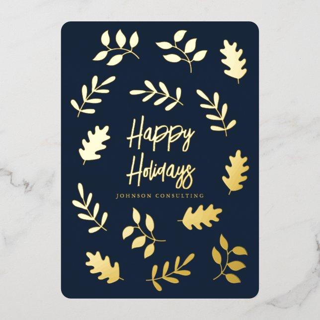 Happy Holidays Modern Simple Foliage Botanical Foil Holiday Card (Front)