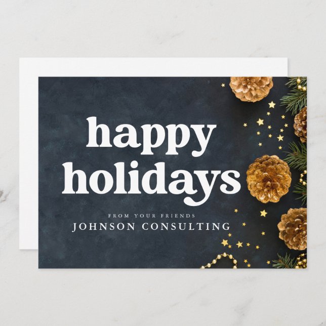 Happy Holidays Modern Stars and Golden Pine Cones Announcement (Front/Back)