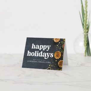 Happy Holidays Modern Stars and Golden Pine Cones Card