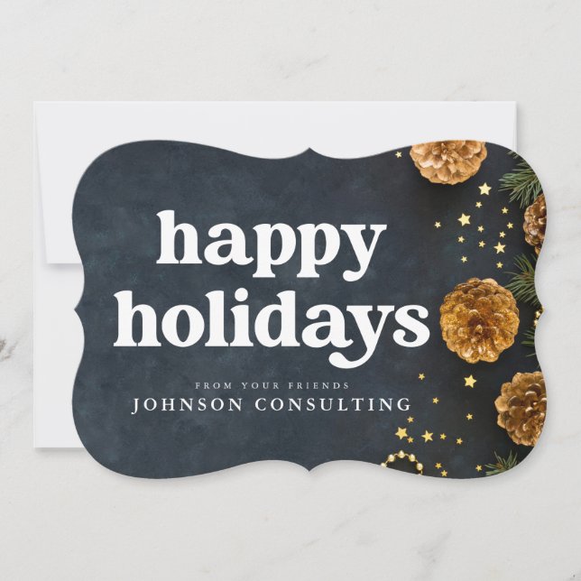 Happy Holidays Modern Stars and Golden Pine Cones Holiday Card (Front)