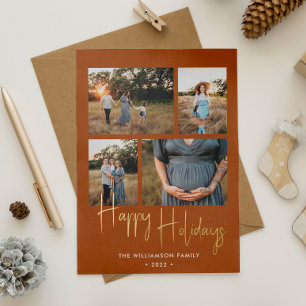 Happy Holidays Modern Terracotta Photo Collage Foil Holiday Card
