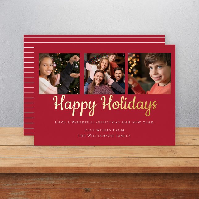 Happy holidays modern  three photo real  foil holiday card (Creator Uploaded)