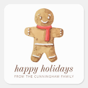 Happy Holidays Modern Watercolor Gingerbread Man Square Sticker