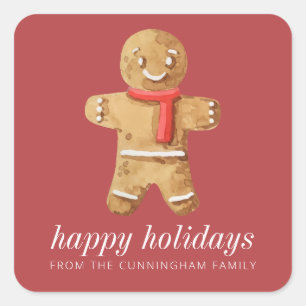 Happy Holidays Modern Watercolor Gingerbread Man Square Sticker