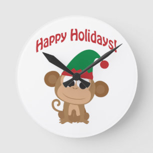 Happy Holidays! Monkey Christmas Elf Round Clock