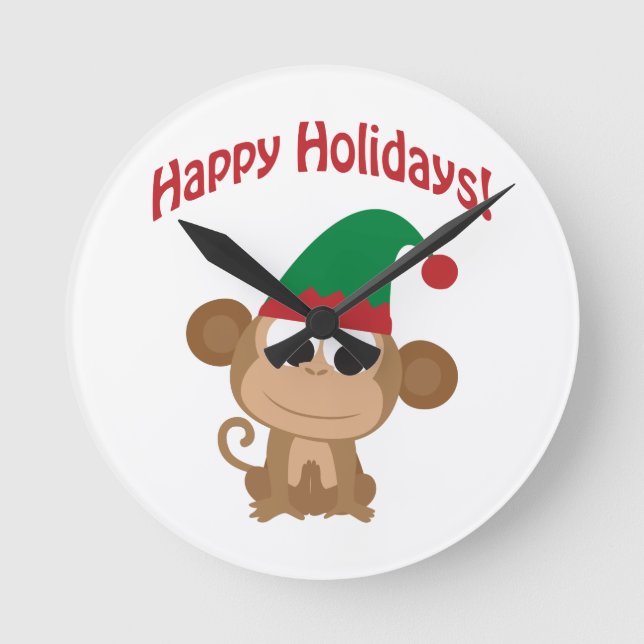 Happy Holidays! Monkey Christmas Elf Round Clock (Front)