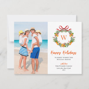 Happy Holidays Monogram Citrus Wreath Photo Holiday Card