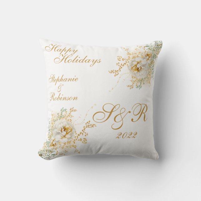 Happy Holidays Monogram Name  Cushion (Front)
