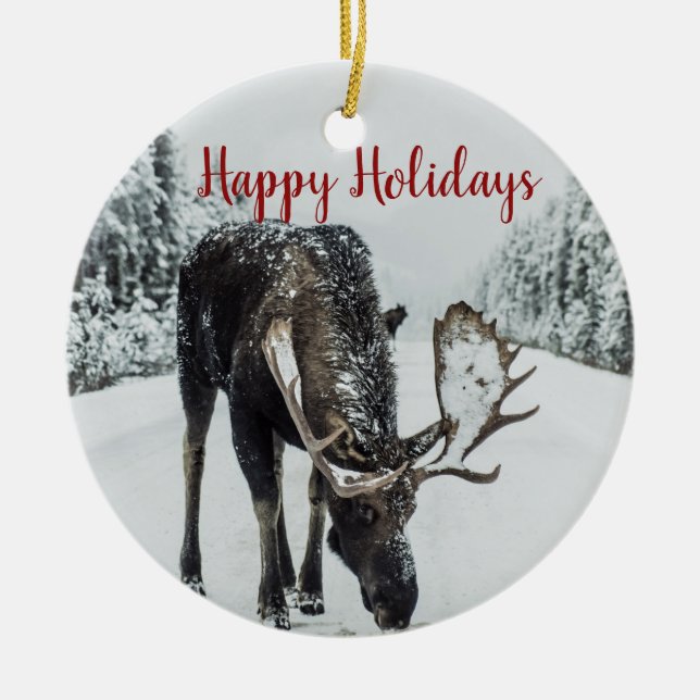 Happy Holidays Moose In Winter Christmas Ceramic Ornament (Front)