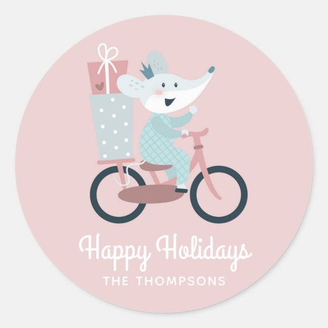 Happy Holidays Mouse Riding Bicycle Personalised Classic Round Sticker (Front)