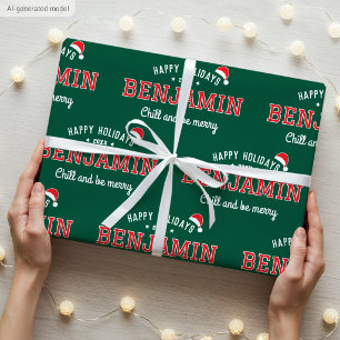 Happy Holidays Name Christmas Santa Hat Green Red Wrapping Paper