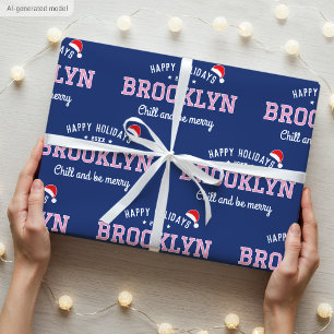 Happy Holidays Name Christmas Santa Hat Pink Navy Wrapping Paper