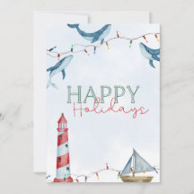 Happy Holidays- Nautical Whale & Lighthouse