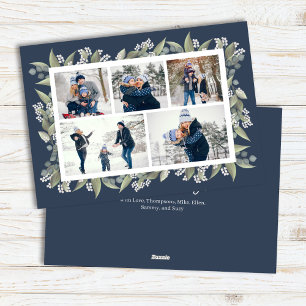 Happy Holidays Navy Blue Floral Photo Collage Holiday Card