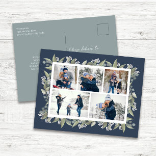Happy Holidays Navy Blue Floral Photo Collage Holiday Postcard