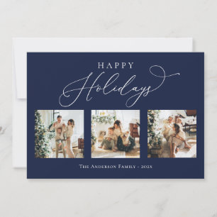 Happy Holidays Navy Blue Multi Photo Collage Holiday Card