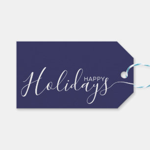 Happy Holidays Navy Blue White Minimalist Gift Tags