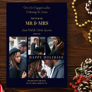 Happy Holidays Navy & Gold Simple 4 Multi Photos Holiday Card