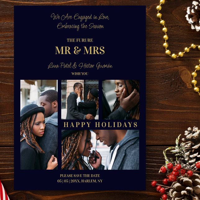 Happy Holidays Navy & Gold Simple 4 Multi Photos Holiday Card ("Happy Holidays" Navy Blue & Fake Gold 4 Multi Image Save the Date Card.)