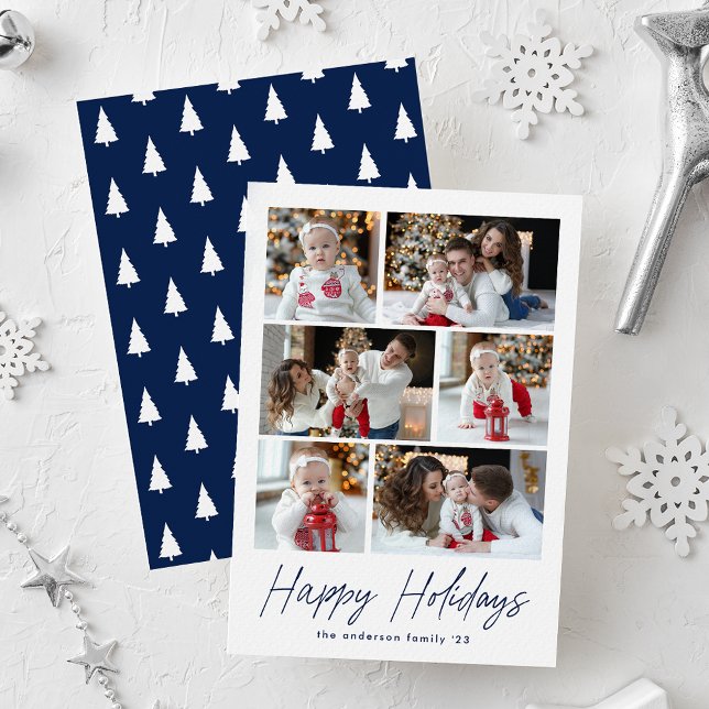 Happy Holidays Navy Script 6 Photo Collage Holiday Card (Creator Uploaded)