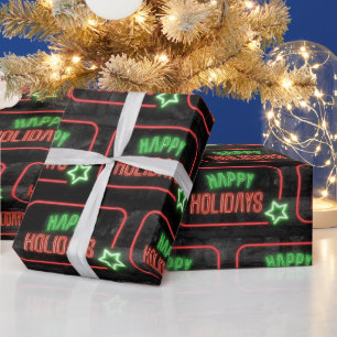 Happy Holidays Neon Sign On Brick Wrapping Paper
