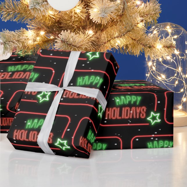 Happy Holidays Neon Sign Snowflakes  Wrapping Paper (Holidays)