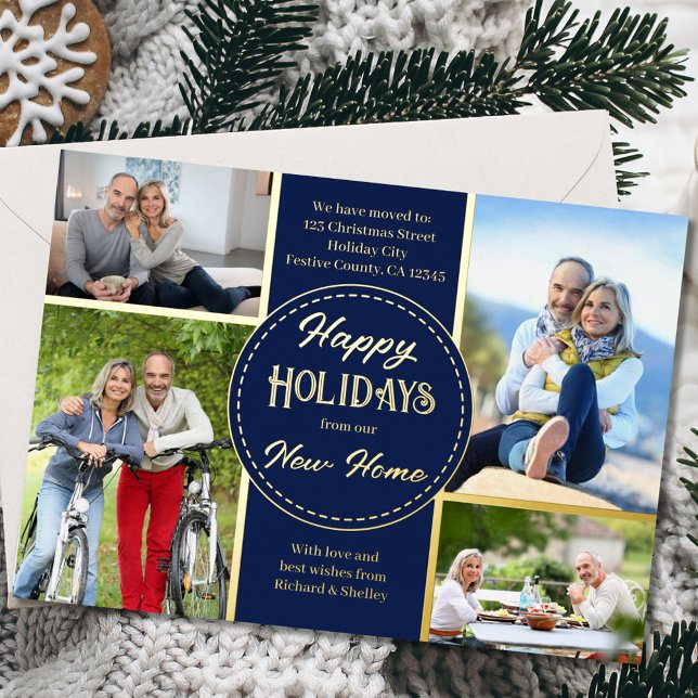Happy Holidays New Home 4 Photo Blue and Gold Foil Holiday Card (Creator Uploaded)