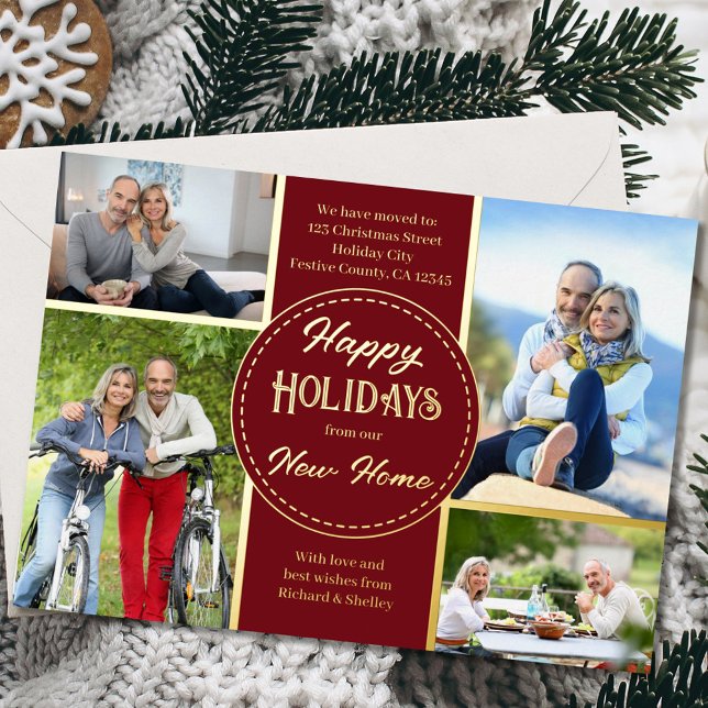 Happy Holidays New Home 4 Photo Red and Gold Foil Holiday Card (Creator Uploaded)