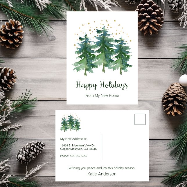 Happy Holidays New Home Pine Trees Announcement Postcard (Creator Uploaded)