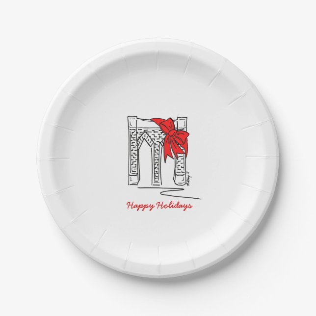 Happy Holidays NYC Brooklyn Bridge Christmas in NY Paper Plate (Front)