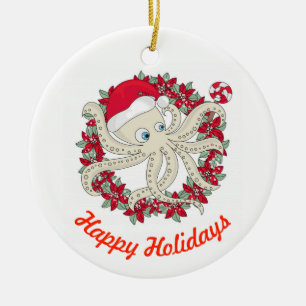 Happy Holidays Octopus Ceramic Ornament