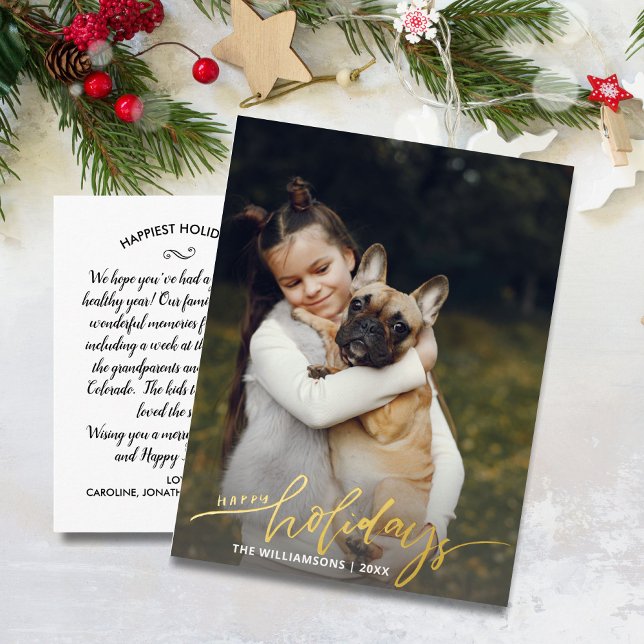 Happy Holidays One Vertical Christmas Photo Gold Foil Holiday Postcard (Creator Uploaded)