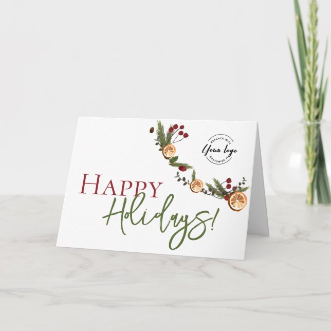 Happy Holidays Oranges wreath leaves Custom Logo  Card (Front)