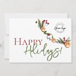 Happy Holidays Oranges wreath leaves Custom Logo  Thank You Card