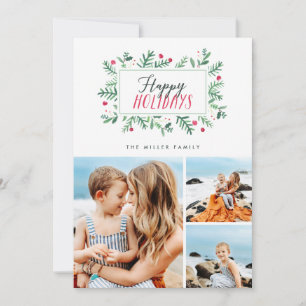 Happy Holidays Painted Botanicals 3 Photo Holiday Card