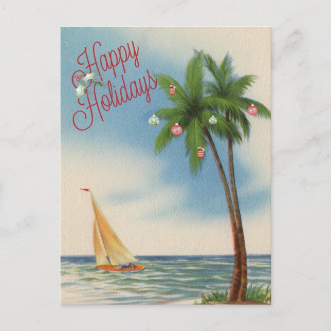 Happy Holidays Palm Tree and Sailboat Holiday Postcard (Front)