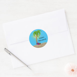 Happy Holidays Palm Tree in Sand  Classic Round Sticker