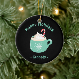 Happy Holidays Pastel Blue Hot Chocolate Cup Ceramic Ornament
